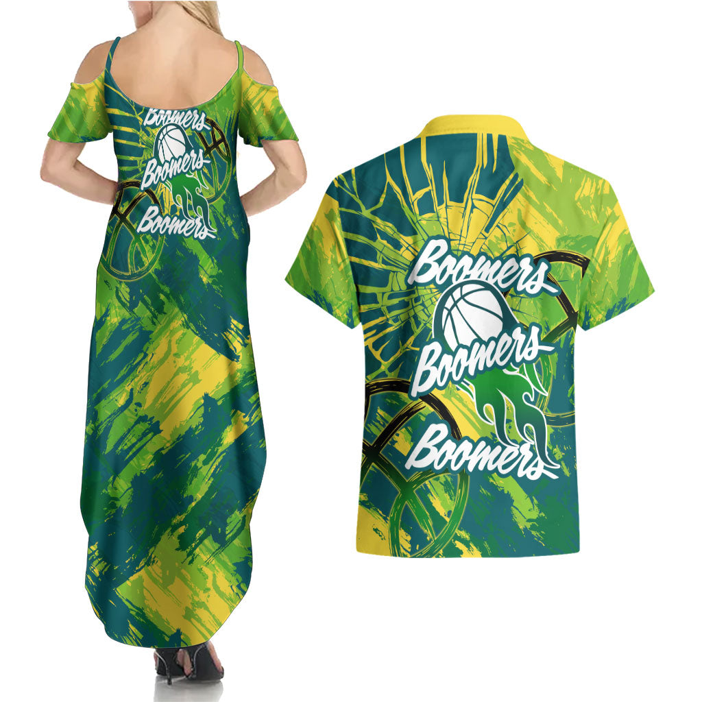 Australian Boomers Basketball Couples Matching Summer Maxi Dress and Hawaiian Shirt Shattered Glass Effect With Flaming Ball And Grunge Brushstrokes