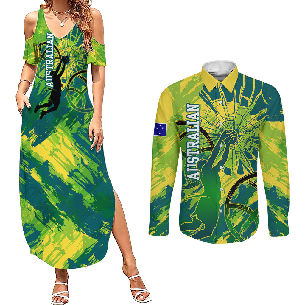 Australian Boomers Basketball Couples Matching Summer Maxi Dress and Long Sleeve Button Shirt Shattered Glass Effect With Flaming Ball And Grunge Brushstrokes