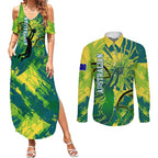 Australian Boomers Basketball Couples Matching Summer Maxi Dress and Long Sleeve Button Shirt Shattered Glass Effect With Flaming Ball And Grunge Brushstrokes