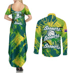 Australian Boomers Basketball Couples Matching Summer Maxi Dress and Long Sleeve Button Shirt Shattered Glass Effect With Flaming Ball And Grunge Brushstrokes