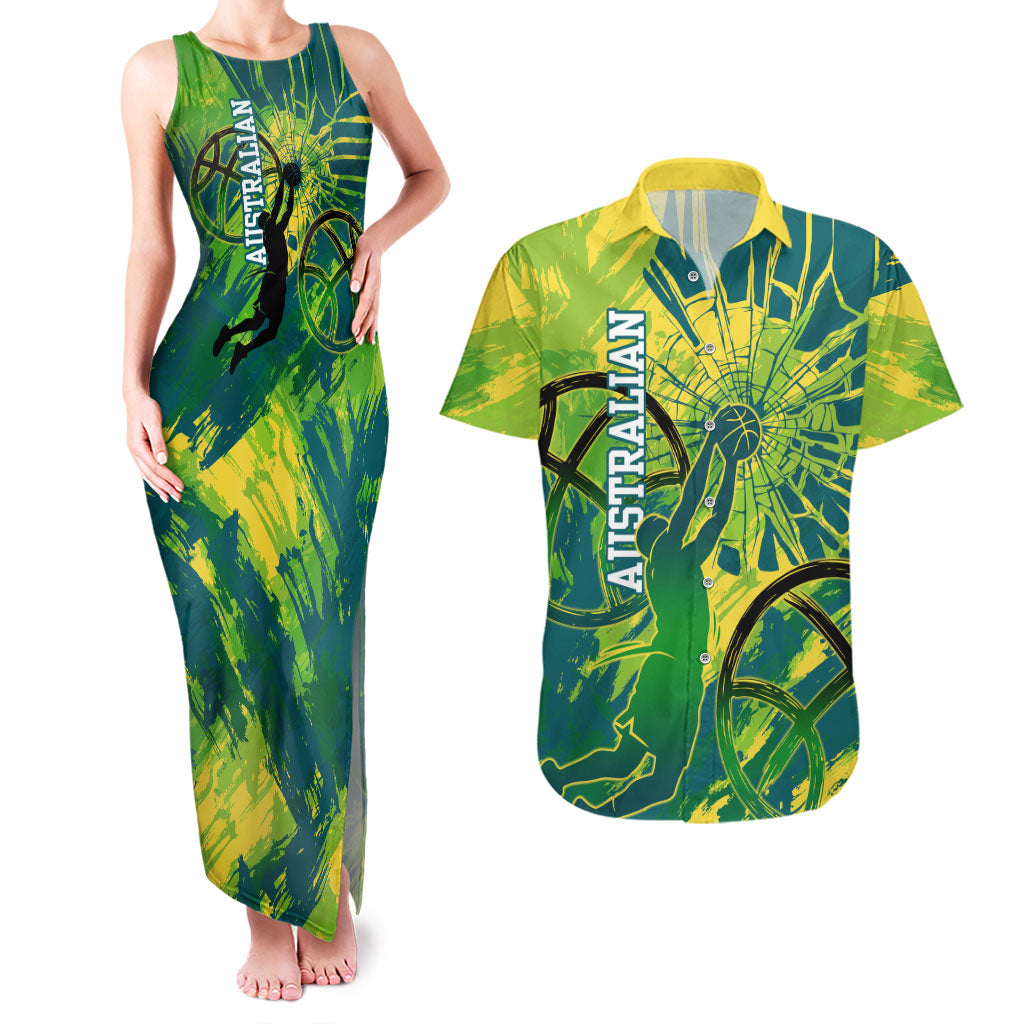 Australian Boomers Basketball Couples Matching Tank Maxi Dress and Hawaiian Shirt Shattered Glass Effect With Flaming Ball And Grunge Brushstrokes