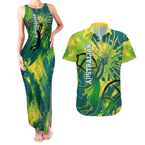 Australian Boomers Basketball Couples Matching Tank Maxi Dress and Hawaiian Shirt Shattered Glass Effect With Flaming Ball And Grunge Brushstrokes