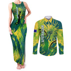 Australian Boomers Basketball Couples Matching Tank Maxi Dress and Long Sleeve Button Shirt Shattered Glass Effect With Flaming Ball And Grunge Brushstrokes