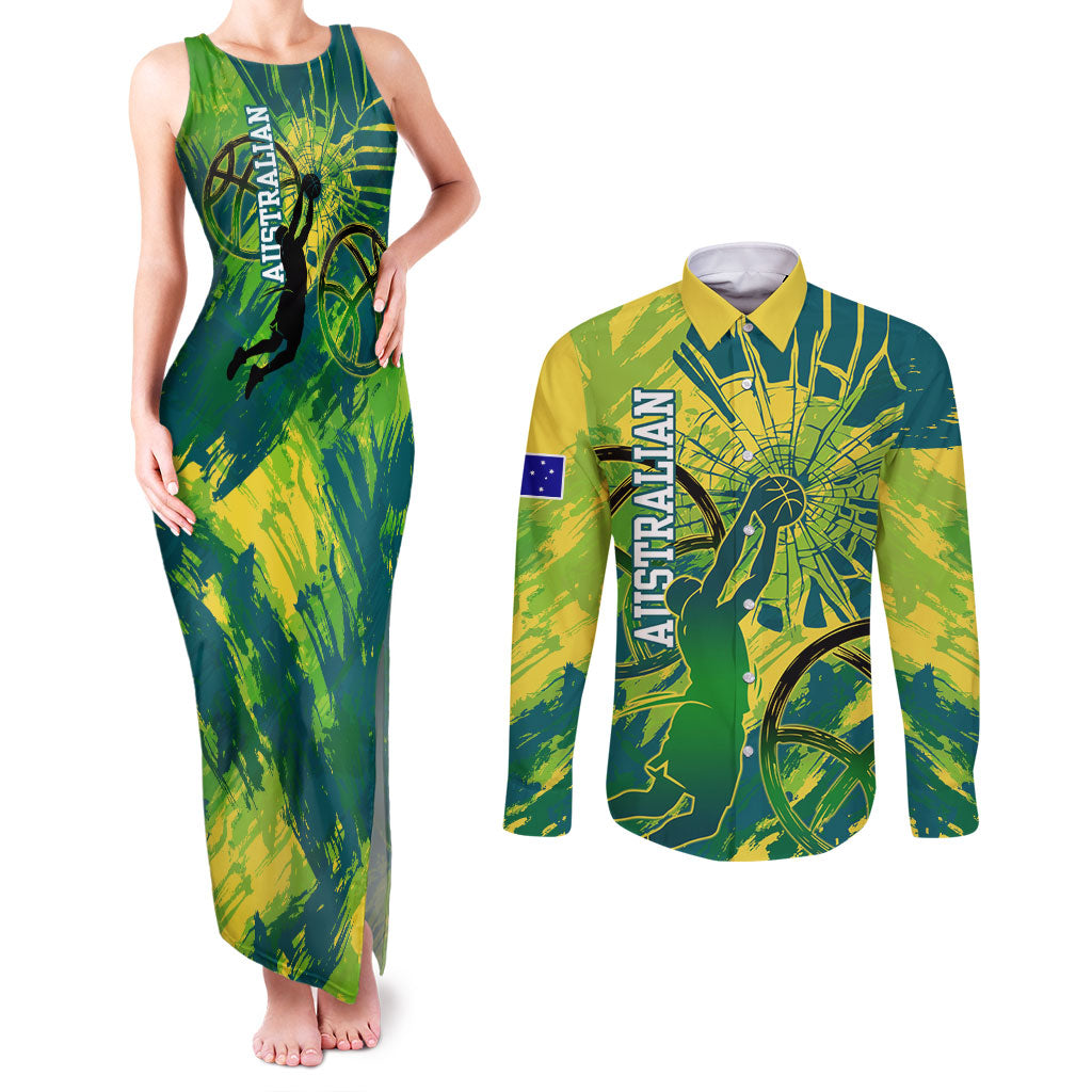 Australian Boomers Basketball Couples Matching Tank Maxi Dress and Long Sleeve Button Shirt Shattered Glass Effect With Flaming Ball And Grunge Brushstrokes