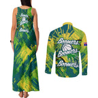 Australian Boomers Basketball Couples Matching Tank Maxi Dress and Long Sleeve Button Shirt Shattered Glass Effect With Flaming Ball And Grunge Brushstrokes