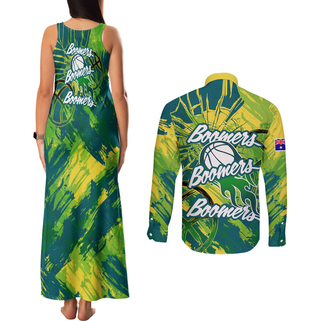 Australian Boomers Basketball Couples Matching Tank Maxi Dress and Long Sleeve Button Shirt Shattered Glass Effect With Flaming Ball And Grunge Brushstrokes