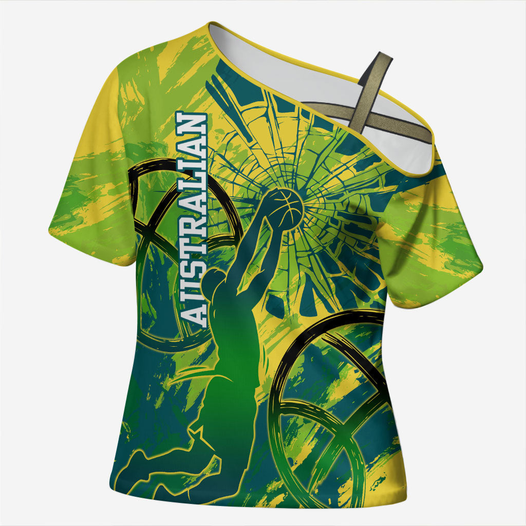 Australian Boomers Basketball Cross Shoulder Shirt Shattered Glass Effect With Flaming Ball And Grunge Brushstrokes