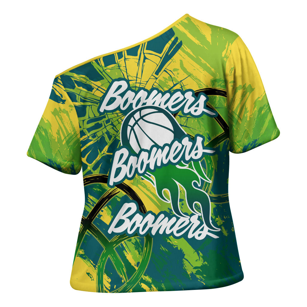 Australian Boomers Basketball Cross Shoulder Shirt Shattered Glass Effect With Flaming Ball And Grunge Brushstrokes