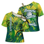 Australian Boomers Basketball Cross Shoulder Shirt Shattered Glass Effect With Flaming Ball And Grunge Brushstrokes