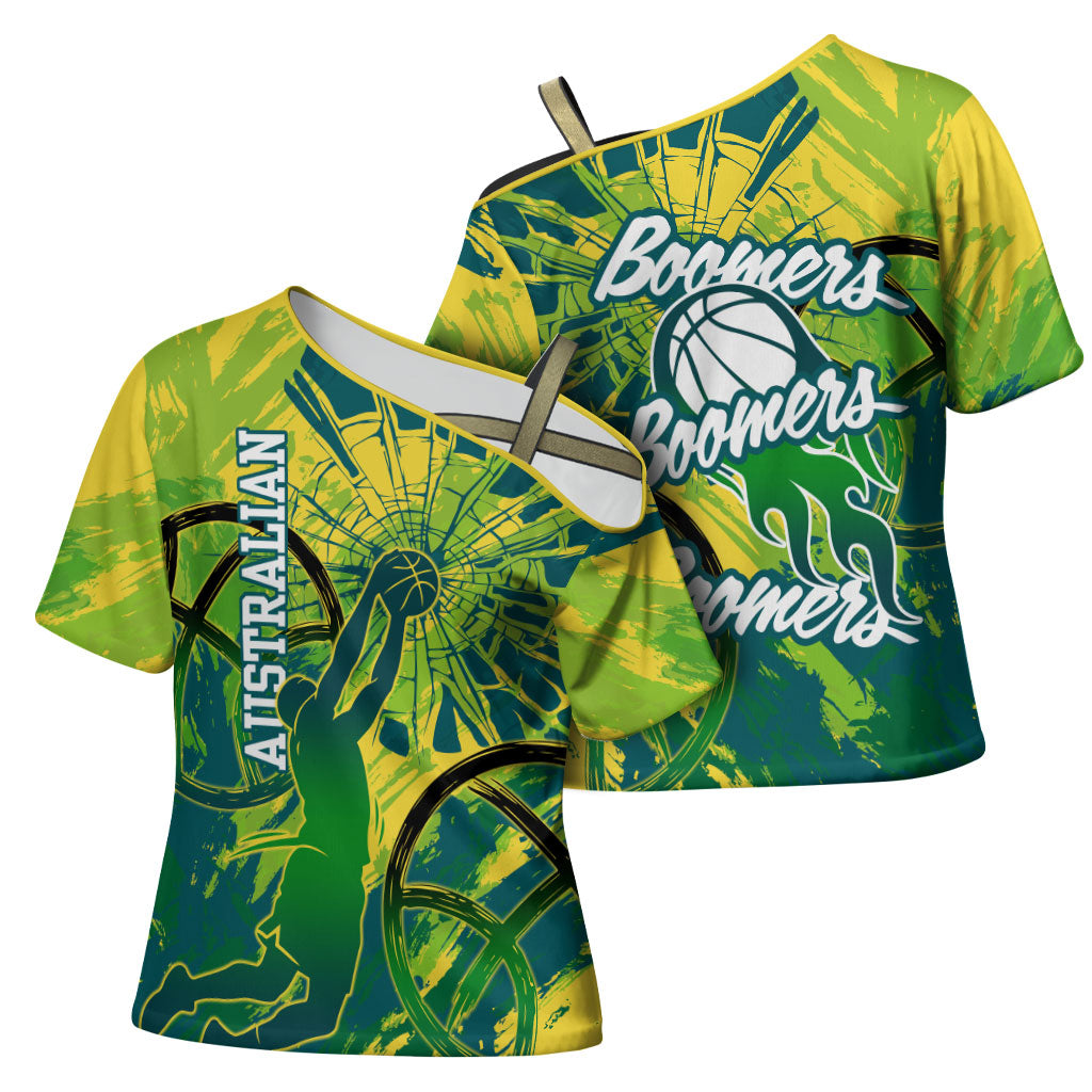 Australian Boomers Basketball Cross Shoulder Shirt Shattered Glass Effect With Flaming Ball And Grunge Brushstrokes
