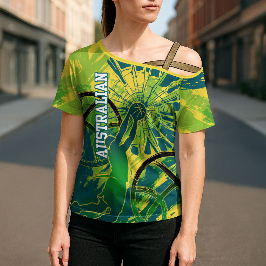 Australian Boomers Basketball Cross Shoulder Shirt Shattered Glass Effect With Flaming Ball And Grunge Brushstrokes