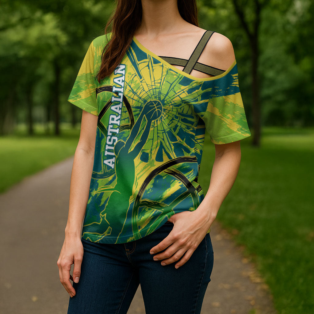Australian Boomers Basketball Cross Shoulder Shirt Shattered Glass Effect With Flaming Ball And Grunge Brushstrokes