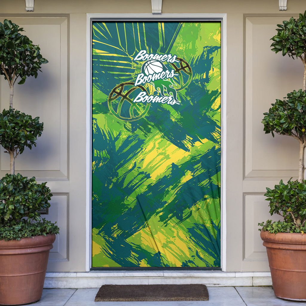 Australian Boomers Basketball Door Cover Shattered Glass Effect With Flaming Ball And Grunge Brushstrokes
