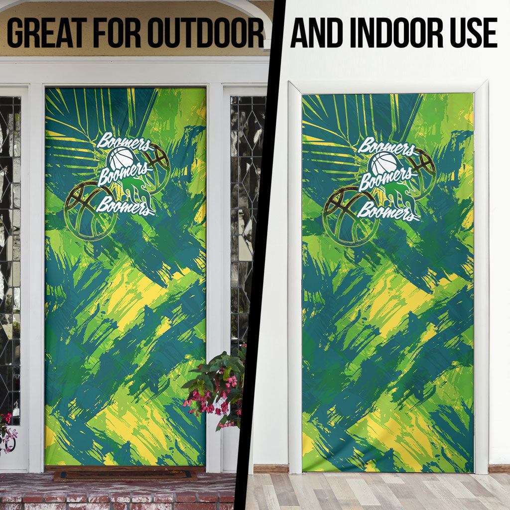 Australian Boomers Basketball Door Cover Shattered Glass Effect With Flaming Ball And Grunge Brushstrokes