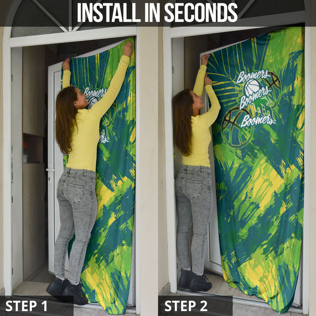 Australian Boomers Basketball Door Cover Shattered Glass Effect With Flaming Ball And Grunge Brushstrokes