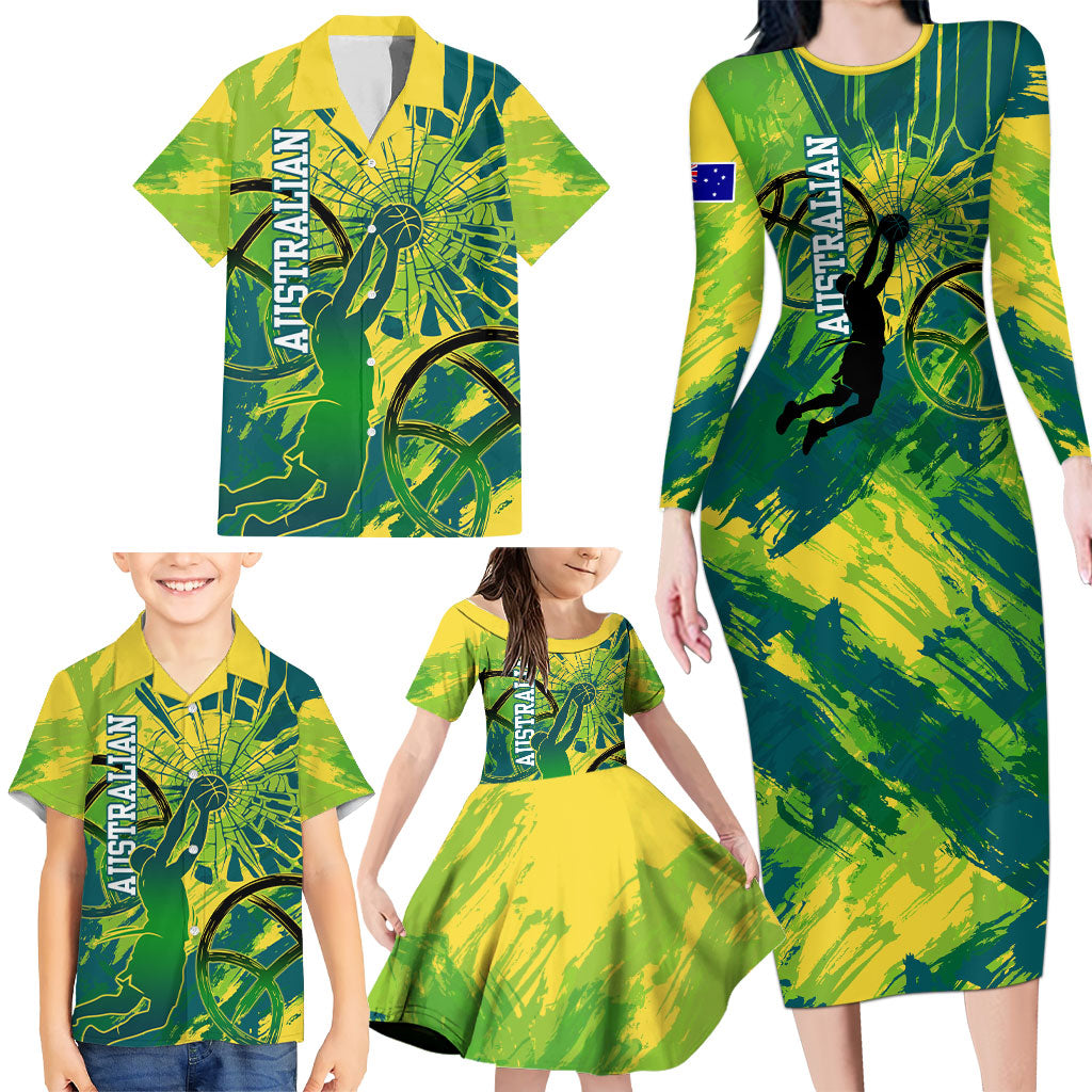 Australian Boomers Basketball Family Matching Long Sleeve Bodycon Dress and Hawaiian Shirt Shattered Glass Effect With Flaming Ball And Grunge Brushstrokes