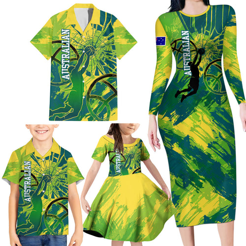 Australian Boomers Basketball Family Matching Long Sleeve Bodycon Dress and Hawaiian Shirt Shattered Glass Effect With Flaming Ball And Grunge Brushstrokes