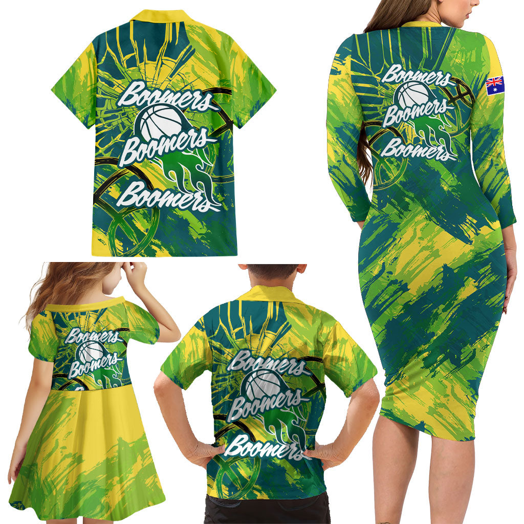 Australian Boomers Basketball Family Matching Long Sleeve Bodycon Dress and Hawaiian Shirt Shattered Glass Effect With Flaming Ball And Grunge Brushstrokes