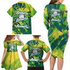 Australian Boomers Basketball Family Matching Long Sleeve Bodycon Dress and Hawaiian Shirt Shattered Glass Effect With Flaming Ball And Grunge Brushstrokes