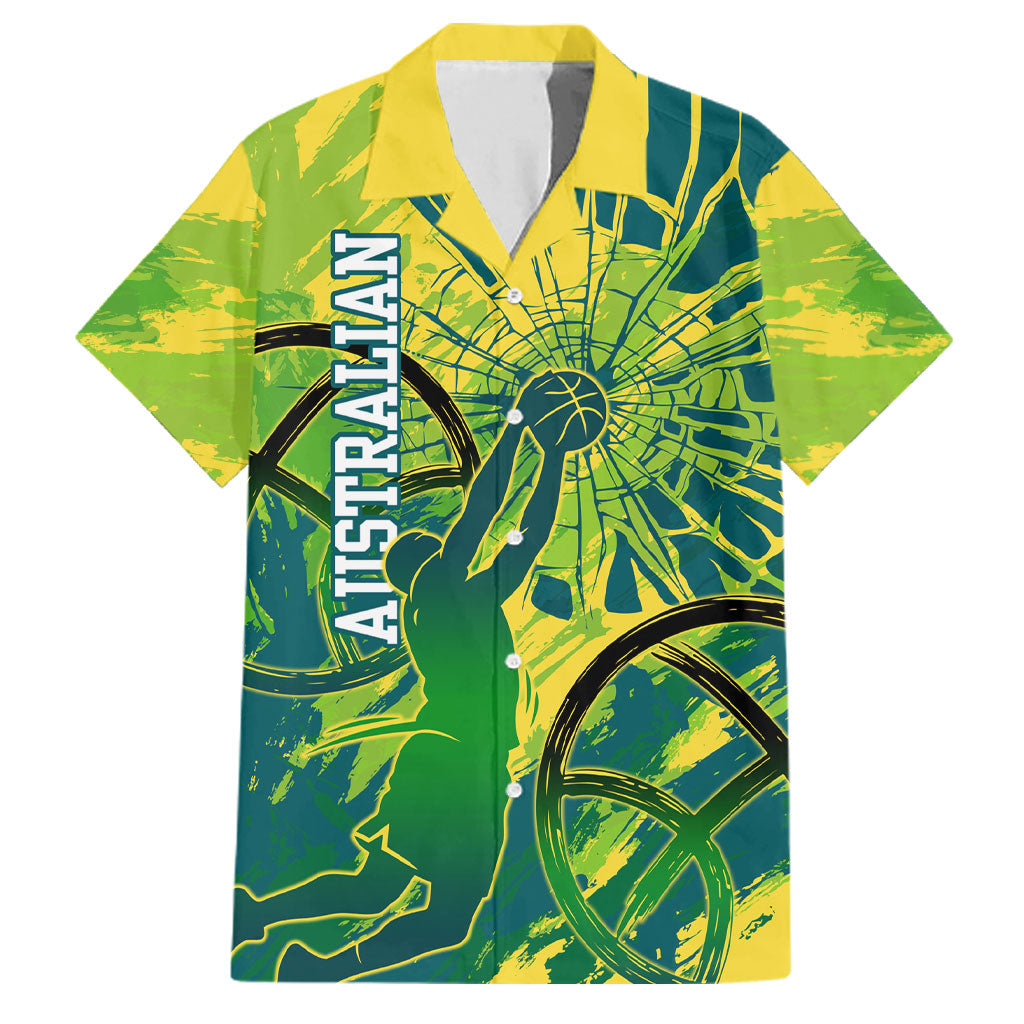 Australian Boomers Basketball Family Matching Long Sleeve Bodycon Dress and Hawaiian Shirt Shattered Glass Effect With Flaming Ball And Grunge Brushstrokes