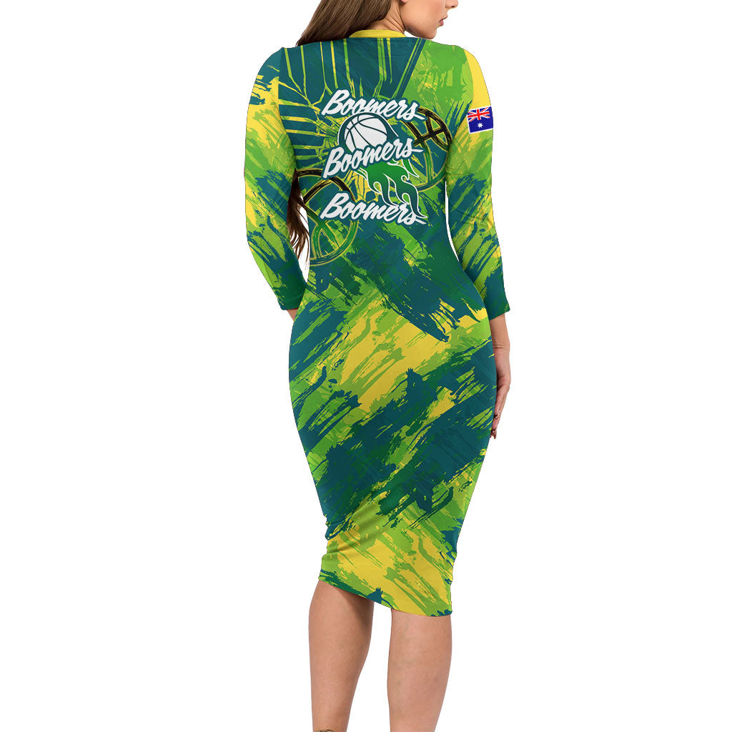 Australian Boomers Basketball Family Matching Long Sleeve Bodycon Dress and Hawaiian Shirt Shattered Glass Effect With Flaming Ball And Grunge Brushstrokes