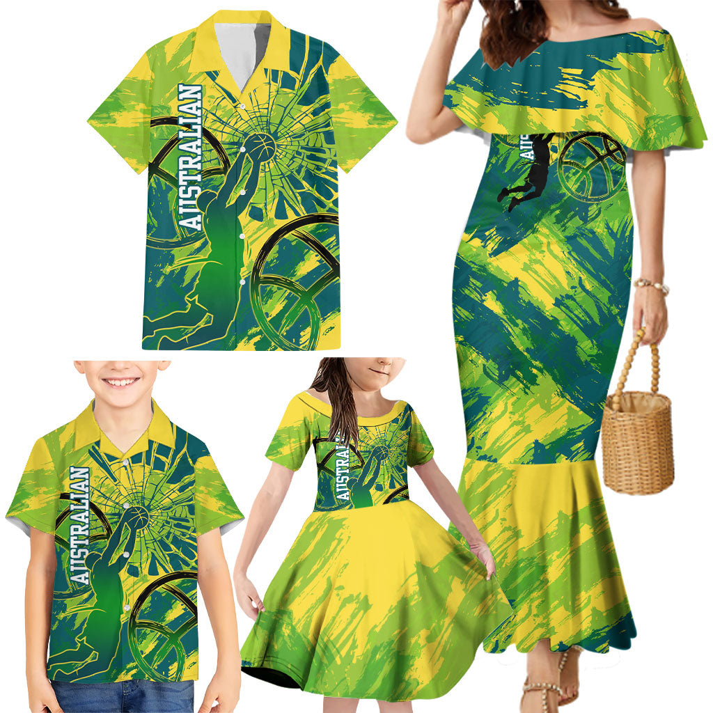 Australian Boomers Basketball Family Matching Mermaid Dress and Hawaiian Shirt Shattered Glass Effect With Flaming Ball And Grunge Brushstrokes