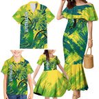 Australian Boomers Basketball Family Matching Mermaid Dress and Hawaiian Shirt Shattered Glass Effect With Flaming Ball And Grunge Brushstrokes