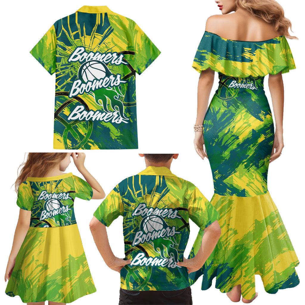 Australian Boomers Basketball Family Matching Mermaid Dress and Hawaiian Shirt Shattered Glass Effect With Flaming Ball And Grunge Brushstrokes