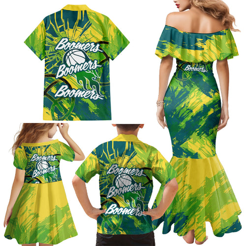 Australian Boomers Basketball Family Matching Mermaid Dress and Hawaiian Shirt Shattered Glass Effect With Flaming Ball And Grunge Brushstrokes