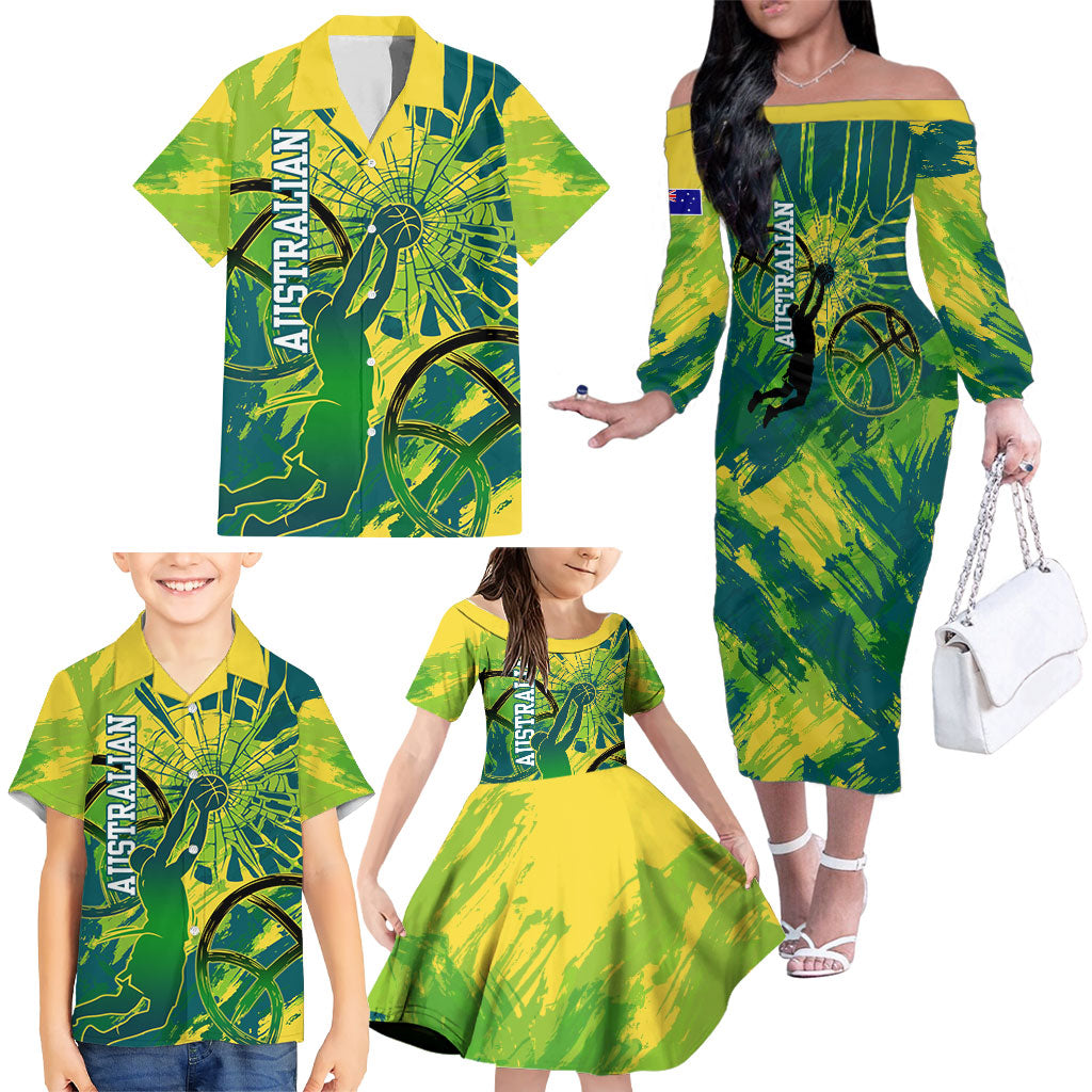 Australian Boomers Basketball Family Matching Off The Shoulder Long Sleeve Dress and Hawaiian Shirt Shattered Glass Effect With Flaming Ball And Grunge Brushstrokes