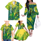 Australian Boomers Basketball Family Matching Off The Shoulder Long Sleeve Dress and Hawaiian Shirt Shattered Glass Effect With Flaming Ball And Grunge Brushstrokes
