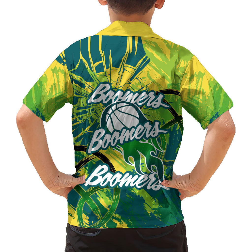 Australian Boomers Basketball Family Matching Off The Shoulder Long Sleeve Dress and Hawaiian Shirt Shattered Glass Effect With Flaming Ball And Grunge Brushstrokes