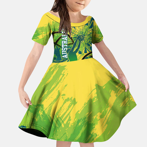 Australian Boomers Basketball Family Matching Off The Shoulder Long Sleeve Dress and Hawaiian Shirt Shattered Glass Effect With Flaming Ball And Grunge Brushstrokes