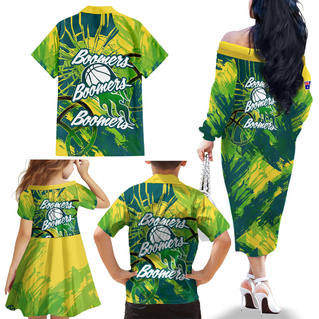 Australian Boomers Basketball Family Matching Off The Shoulder Long Sleeve Dress and Hawaiian Shirt Shattered Glass Effect With Flaming Ball And Grunge Brushstrokes