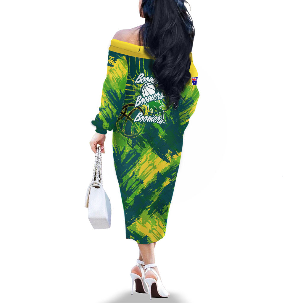Australian Boomers Basketball Family Matching Off The Shoulder Long Sleeve Dress and Hawaiian Shirt Shattered Glass Effect With Flaming Ball And Grunge Brushstrokes