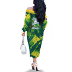 Australian Boomers Basketball Family Matching Off The Shoulder Long Sleeve Dress and Hawaiian Shirt Shattered Glass Effect With Flaming Ball And Grunge Brushstrokes