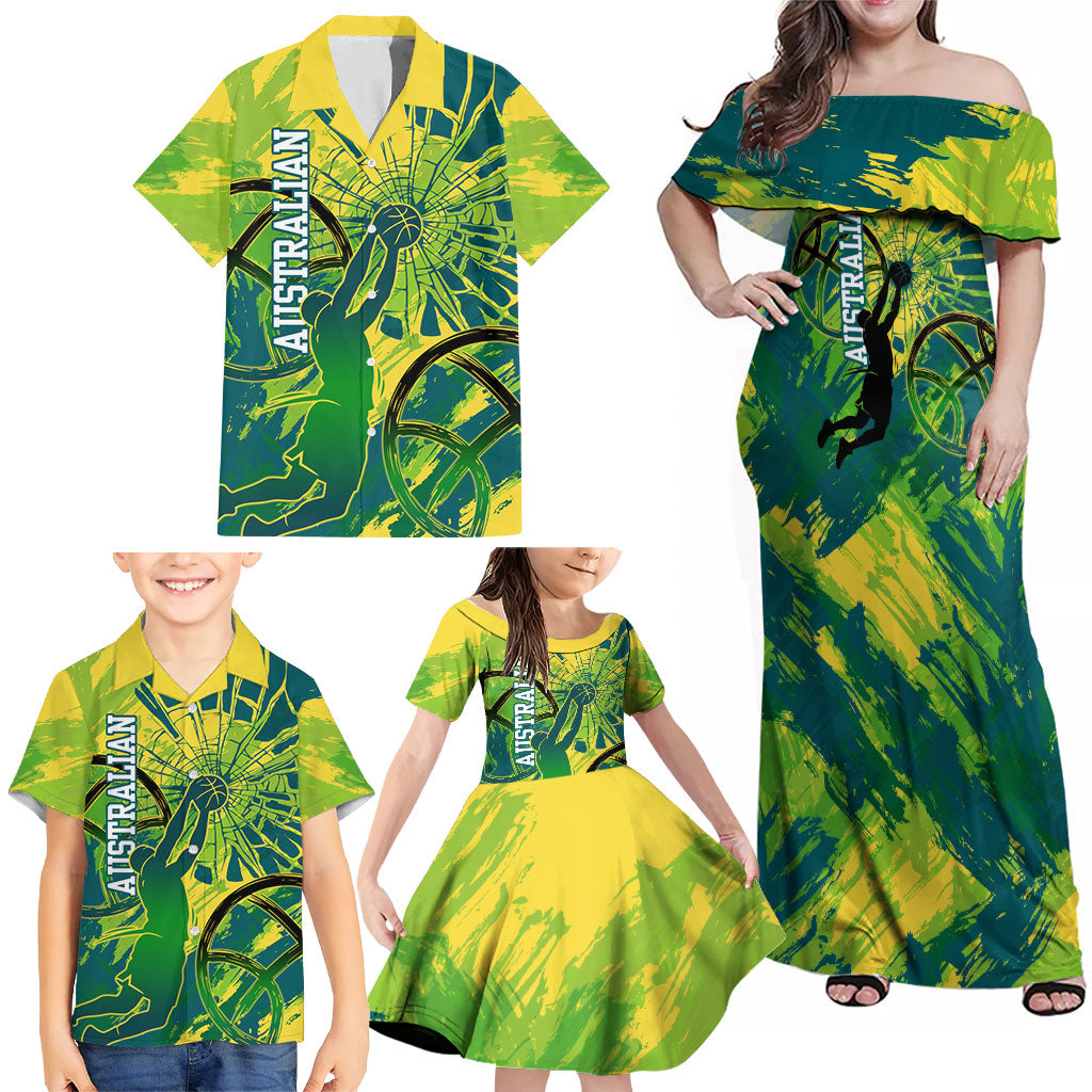 Australian Boomers Basketball Family Matching Off Shoulder Maxi Dress and Hawaiian Shirt Shattered Glass Effect With Flaming Ball And Grunge Brushstrokes