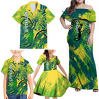 Australian Boomers Basketball Family Matching Off Shoulder Maxi Dress and Hawaiian Shirt Shattered Glass Effect With Flaming Ball And Grunge Brushstrokes