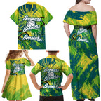 Australian Boomers Basketball Family Matching Off Shoulder Maxi Dress and Hawaiian Shirt Shattered Glass Effect With Flaming Ball And Grunge Brushstrokes