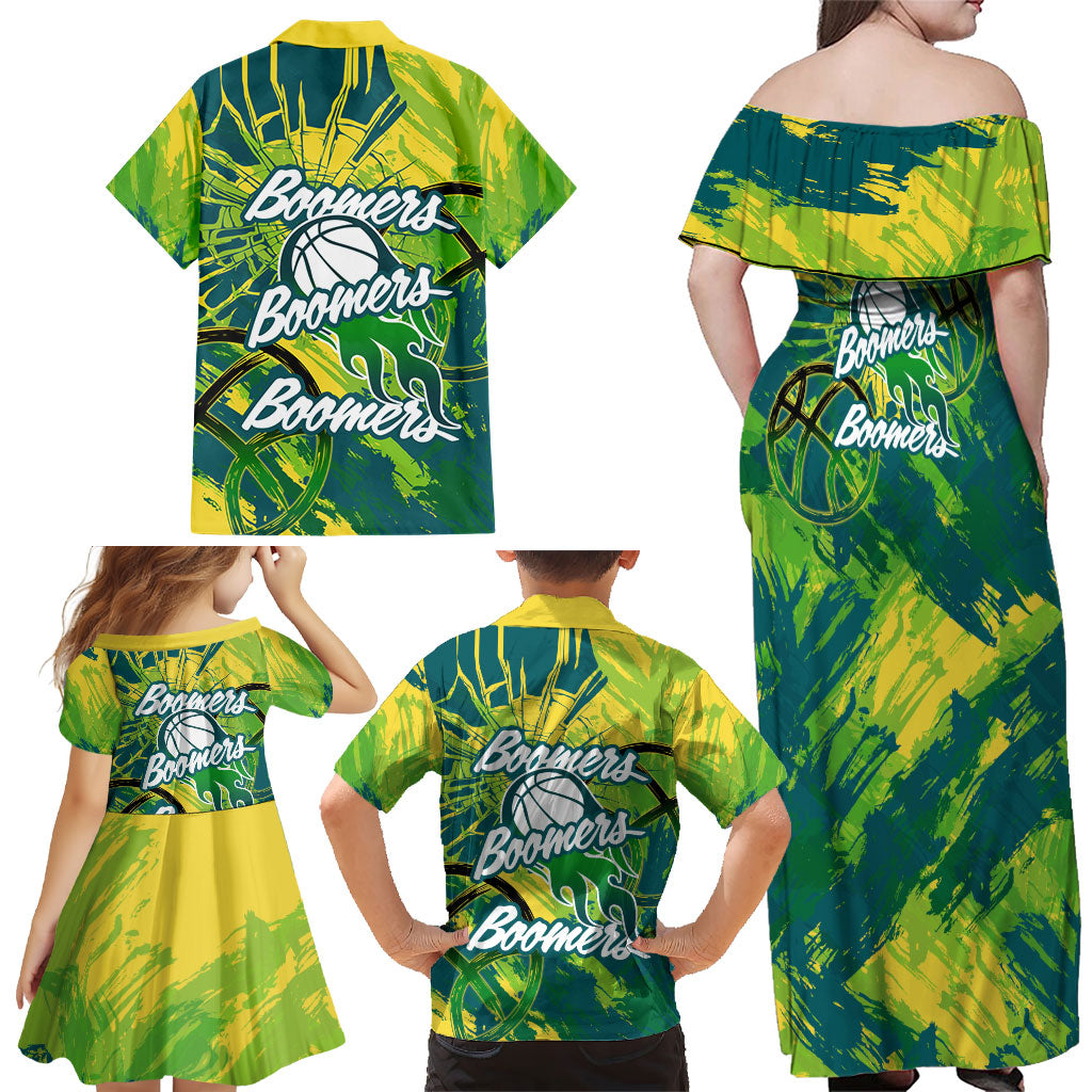 Australian Boomers Basketball Family Matching Off Shoulder Maxi Dress and Hawaiian Shirt Shattered Glass Effect With Flaming Ball And Grunge Brushstrokes