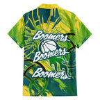 Australian Boomers Basketball Family Matching Off Shoulder Maxi Dress and Hawaiian Shirt Shattered Glass Effect With Flaming Ball And Grunge Brushstrokes