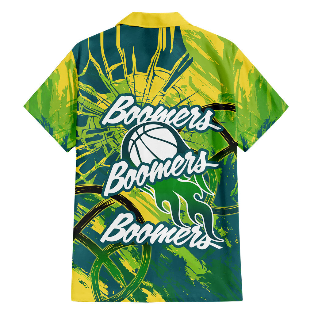 Australian Boomers Basketball Family Matching Off Shoulder Maxi Dress and Hawaiian Shirt Shattered Glass Effect With Flaming Ball And Grunge Brushstrokes