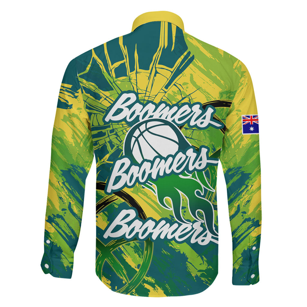 Australian Boomers Basketball Family Matching Off Shoulder Maxi Dress and Hawaiian Shirt Shattered Glass Effect With Flaming Ball And Grunge Brushstrokes