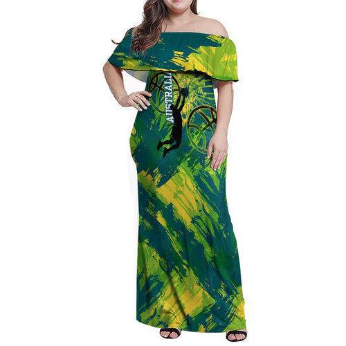 Australian Boomers Basketball Family Matching Off Shoulder Maxi Dress and Hawaiian Shirt Shattered Glass Effect With Flaming Ball And Grunge Brushstrokes
