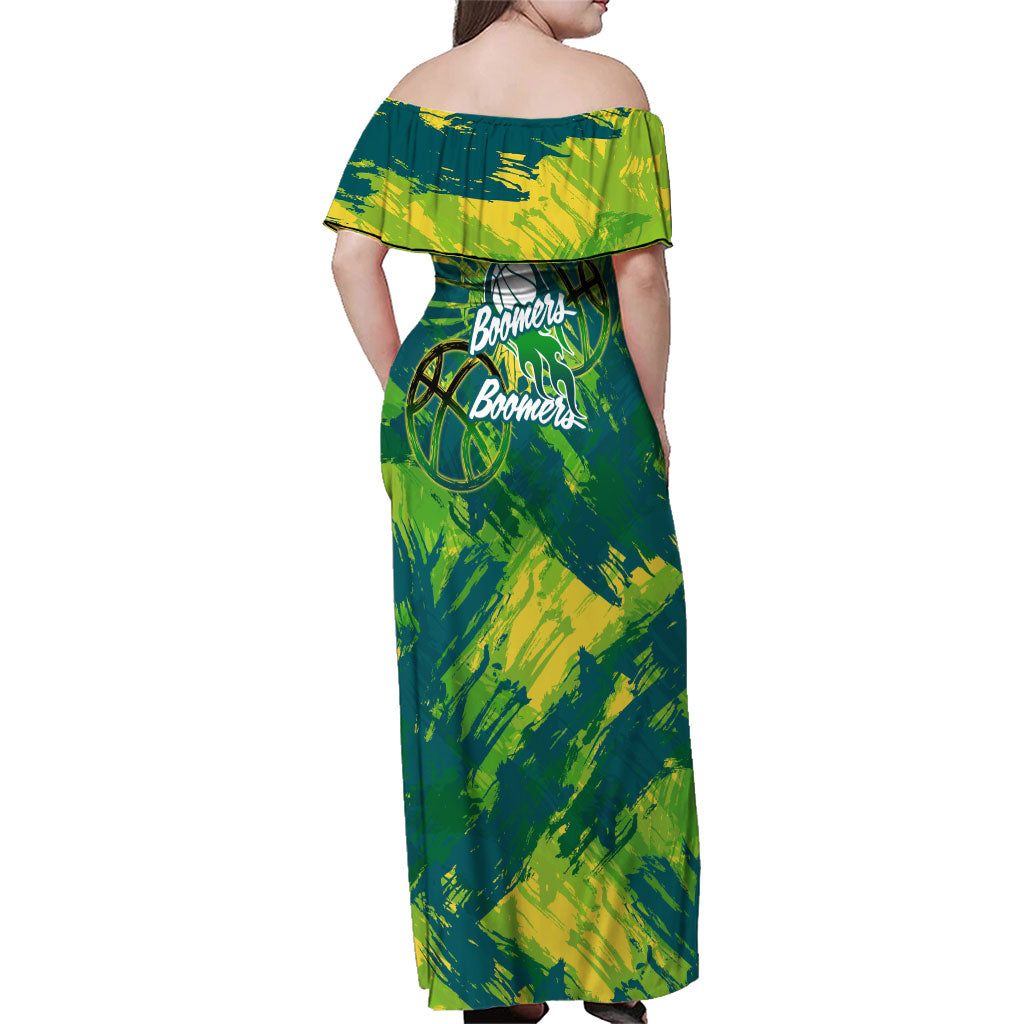 Australian Boomers Basketball Family Matching Off Shoulder Maxi Dress and Hawaiian Shirt Shattered Glass Effect With Flaming Ball And Grunge Brushstrokes