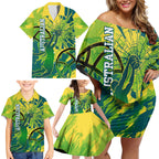 Australian Boomers Basketball Family Matching Off Shoulder Short Dress and Hawaiian Shirt Shattered Glass Effect With Flaming Ball And Grunge Brushstrokes