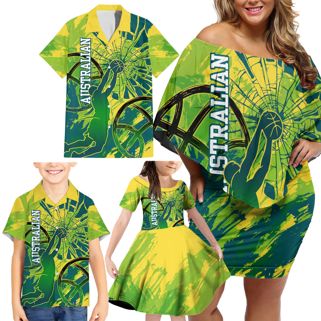 Australian Boomers Basketball Family Matching Off Shoulder Short Dress and Hawaiian Shirt Shattered Glass Effect With Flaming Ball And Grunge Brushstrokes
