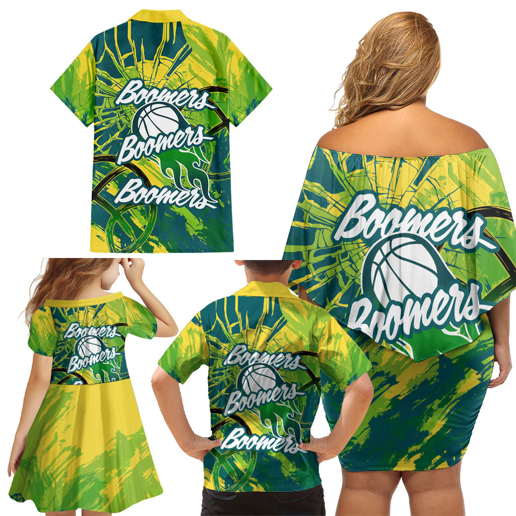 Australian Boomers Basketball Family Matching Off Shoulder Short Dress and Hawaiian Shirt Shattered Glass Effect With Flaming Ball And Grunge Brushstrokes