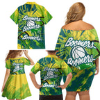 Australian Boomers Basketball Family Matching Off Shoulder Short Dress and Hawaiian Shirt Shattered Glass Effect With Flaming Ball And Grunge Brushstrokes