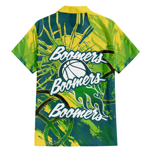 Australian Boomers Basketball Family Matching Off Shoulder Short Dress and Hawaiian Shirt Shattered Glass Effect With Flaming Ball And Grunge Brushstrokes